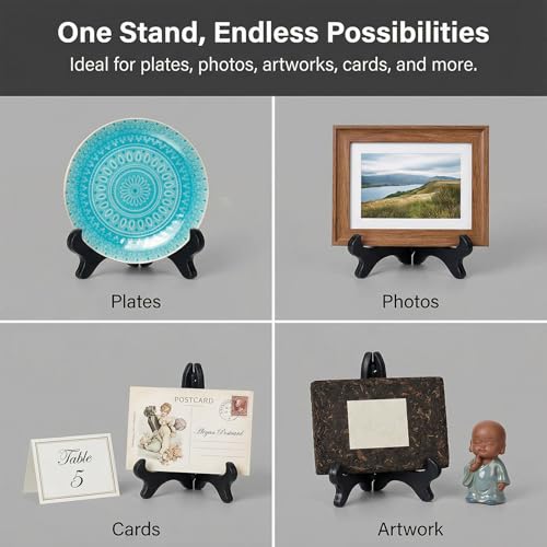LXUEJIE 4" Easel Plate Holder, Black Wood-Like Plastic Display Stand Folding Small Plates Stand for Decorative Picture Fra...
