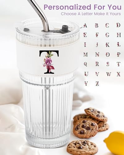 Alphabet Glass Cup with Lid Straw Ribbed Ice Tea Coffee Matcha Cute Stuff Latte Clear Women Wife Wifey Girlfriend Gf Roman...