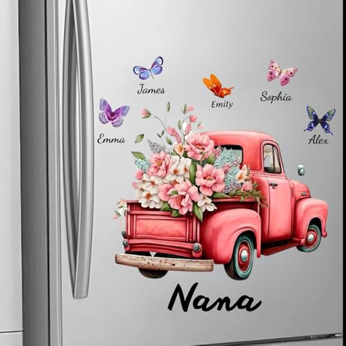 Grandma Pink Floral Truck Butterfly Sticker, Grandma Floral Butterfly Fridge Decal with Grandkids Names, Colorful Butterfl...