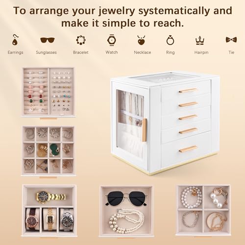 Homeanda Jewelry Box for Women with Glass Lid, 5 Drawers Jewelry Organizer and Storage for Necklaces, Rings, Earrings, Bra...