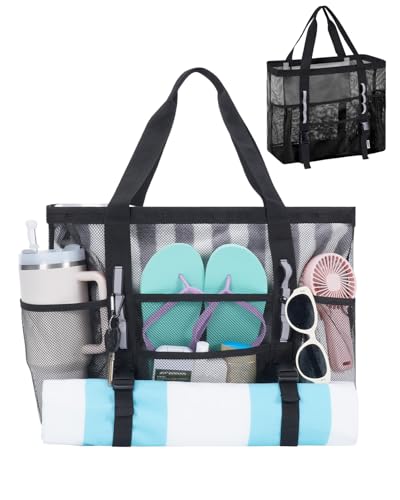 WANDF Mesh Beach Bag for Women, Large Beach Tote Bags with 40oz Tumbler Side Pockets, Family Pool Bag for Swim Toys Towels...