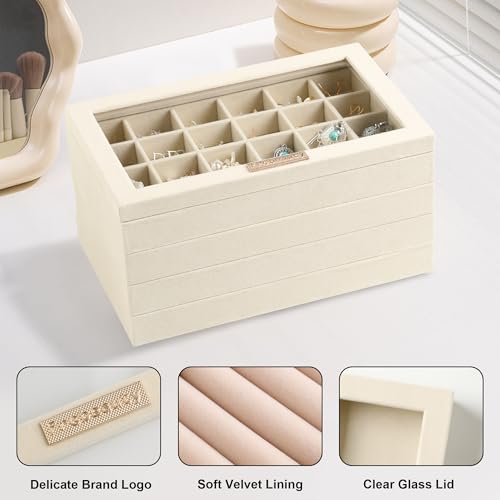 Frebeauty Stackable Jewelry Trays, Velvet Drawer Jewelry Organizer with Glass Lid,5 in 1 Multi-Functional Jewelry Storage ...