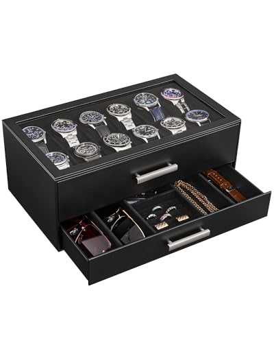 ProCase 12-Slot Watch Box, 2-Tier Pull-Out Drawers Display Case for Men with Clear Top Lid, Watches Jewelry Sunglass Stora...