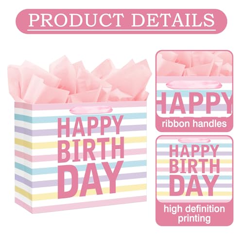 Laidans 13" Large Happy Birthday Gift Bag with Handles and Tissue Paper, Cards for Girls Women Birthday Party Favors Wrap,...