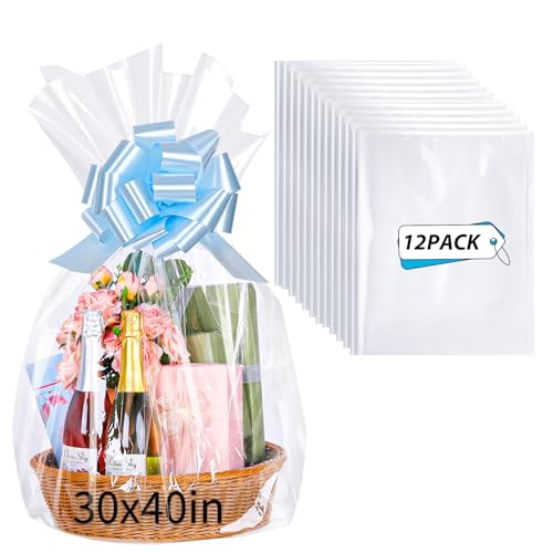woric 12PCS Large Cellophane Bags 30x40 Inch Clear Cello Gift Bags Cellophane Wrap for Gift Baskets Mothers Day Graduation...