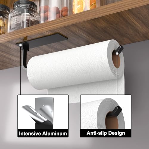 Paper Towel Holder - Self-Adhesive or Drilling, Matte Black, Upgraded Aluminum Kitchen Roll Dispenser Under Cabinet, Light...