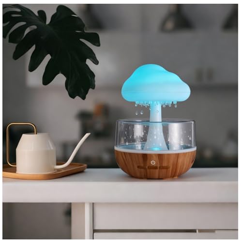 Weljoy Mushroom Cloud Rain Lamp, 7 Color Changing LED Tabletop Fountain with Water Drip Sounds, USB Rechargeable Desk Deco...