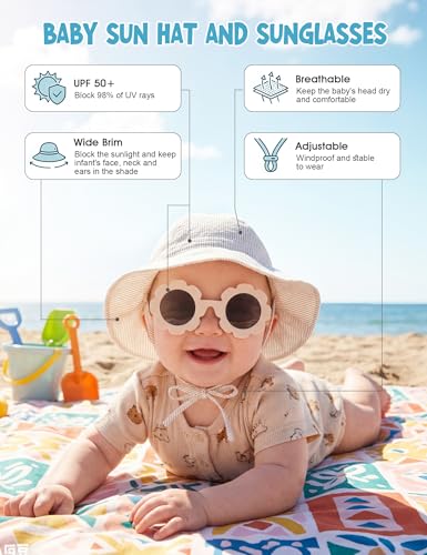 Durio UPF50+ Baby Sun Hat and Sunglasses - Sun Protection Hat for Boy Girl, Wide Brim Summer Beach Hats for Newborn Toddler