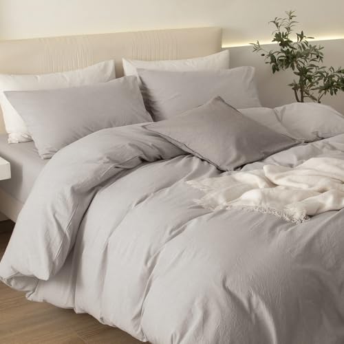 JIYUAN Queen Size Duvet Cover Set, 3-Piece - 100% Washed Cotton, Linen-Like Soft & Breathable with Zipper Closure, Include...