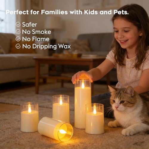 Fo32won Ivory White LED Flameless Pillar Candles Battery Operated with Remote Timer, 5 Pack 3D Flickering Acrylic Candles ...