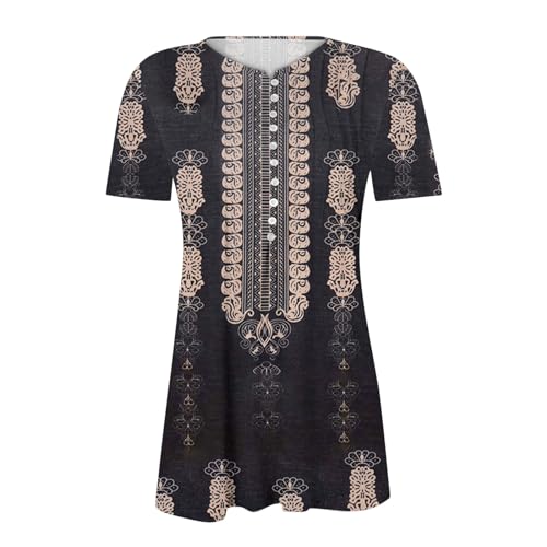 SMIDOW Summer Tops for Women 2026 Trendy Boho Floral Print Tunic Shirts Short Sleeve Button v Neck Tshirt Casual Loose Blouse