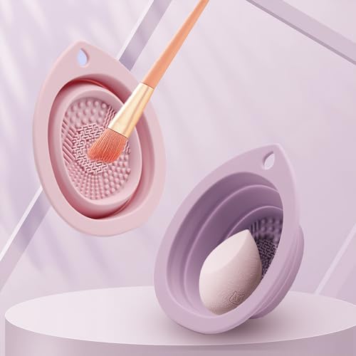 Silicone Foldable Makeup Brush Cleaner, Brush Scrubber Bowl, Portable Washing Tool Cosmetic Brush Cleaner (Cyan)