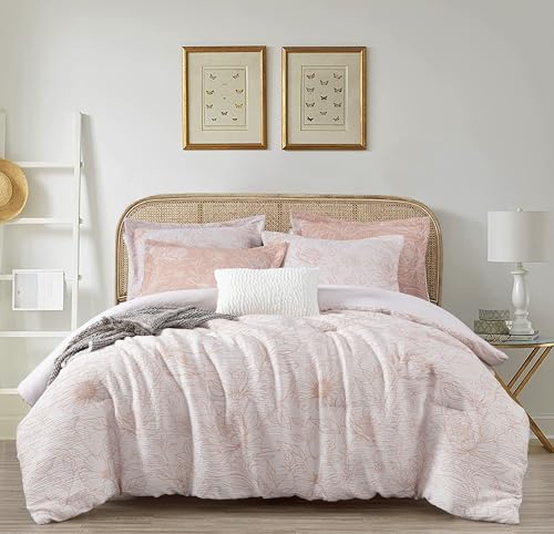 Chezmoi Collection Katrina 6-Piece Floral Comforter Set King Size, White/Coral, Soft Jacquard Textured Lightweight Bedding...