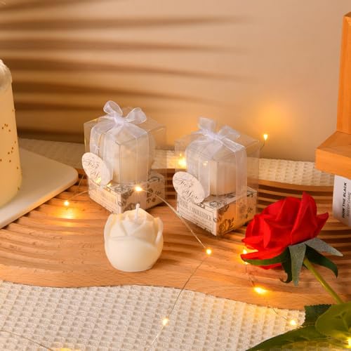 50Set White Rose Flower Shape Candle Bulk Wedding Party Favors Romantic Handmade Delicate Candles with Gift Box, Wedding C...