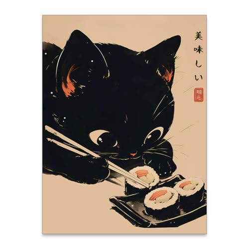 Heltrappe Japanese Cute Black Cat Animal Canvas Poster Delicious Food Sushi Wall Art Vintage Unique Aesthetic Prints for K...