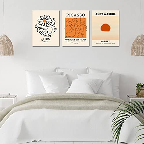 Abstract Wall Art Prints Set of 3, Framed Canvas Wall Art Geometric Line Sunset Artwork Paintings, Minimalist Wall Art for...