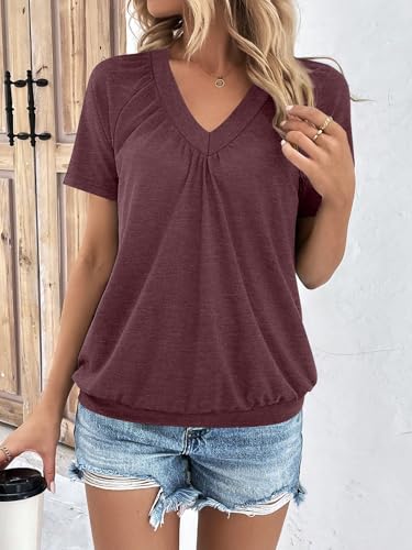 AUTOMET Womens Tops Short Sleeve V Neck T Shirts 2026 Summer Spring Beach Vacation Clothes Casual Loose Ruched Top