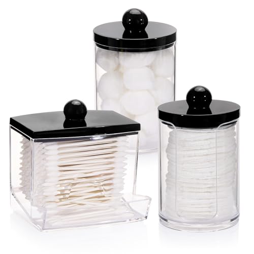 Tbestmax 3 Pack Qtips Holder Dispenser - Bathroom Organizers and Storage Containers, Plastic Apothecary Jars with Black Li...