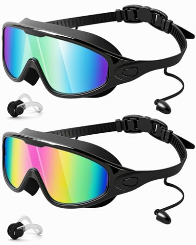 Rantizon Swim Goggles 2 Pack, Wide View Anti Fog&UV Swimming Goggles for Audlt, No Leaking Swim Glasses for Men Women Kids