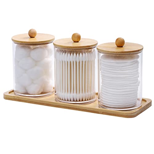 Tbestmax 10 Oz Cotton Swab/Ball/Pad Holder with Vanity Tray, Qtip Apothecary Jar, Clear Bathroom Containers Dispenser for ...
