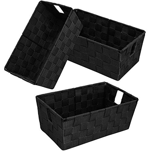 Woven Black Storage Baskets Shelf Tote Boxes Container, Durable Storage Organizer Bins with Built-in Handles for Bedroom, ...