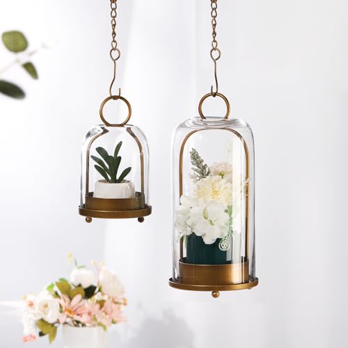 5" & 4" Wide Versatile Metal Candle Holder with Handmade Sturdy Glass Dome in Brass for Pillar Candle & Plants, 5.1" xH11....