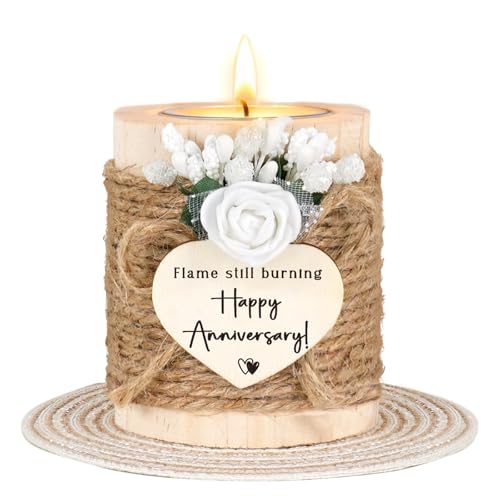 Anniversary Candle Holder Gift Set - Romantic Wooden Tealight Holder with 4 Tealight Candles & Coaster, Rustic Home Decor ...