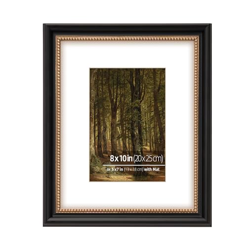 WYNCO 8x10 in Black Wooden Decorative Picture Frame, Ornate Gold Beaded Inner, Matted for 5x7 Photo, Tabletop or Wall Moun...