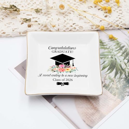 Graduation Gift for Her 2026 – Cap & Flowers Graduate 4" Ceramic Jewelry Dish – Class of 2026 Gift for Daughter, Sister, F...