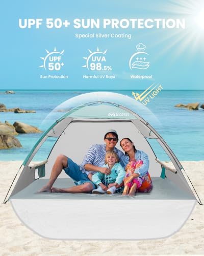 OutdoorMaster Beach Tent Sun Shelter with 2 Ventilated Doors, UPF50+ Easy Setup Beach Tent Canopy for 3 Person, Lightweigh...