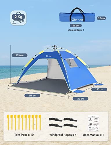 Glymnis Pop Up Beach Tent Sun Shade Shelter for 3-4 Person with UPF 50+, Lightweight & Easy Setup, Vent Windows & Zippered...