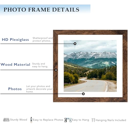QOTIB Wood 10x10 Picture Frame with 8x8 Mat Deep Brown, Display 8x8 with Mat or 10x10 Without Mat, Wood 10 by 10 Photo Fra...