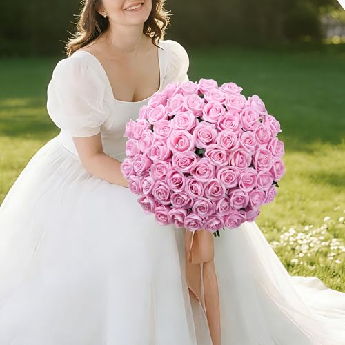 50 PCS Pink Roses Artificial Flowers, Real Looking Fake Roses with Long Stems Silk Flowers for DIY Wedding Bouquet Party C...