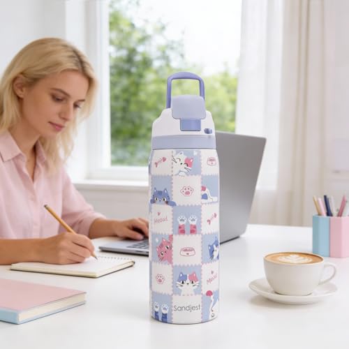 Gift for Cat Lover Stainless Steel Water Bottle, Vacuum Insulated, Push-Button Lid, 32 oz for Cat Mom Women Girls Friends ...
