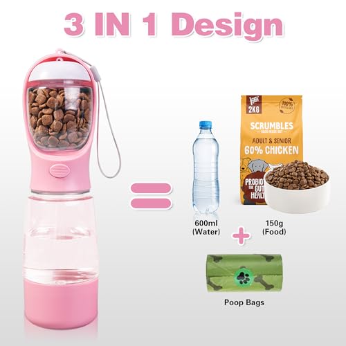 Dog Water Bottle with Food Storage & Poop Bag Dispenser - 3-in-1 Portable Pet Water Bowl for Hiking, Walking, and Travel -...