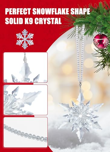 Crystal Snowflake Ornament, Clear Faceted Crystal Ornament with Chain and Rayon Ribbons, Christmas Tree Hanging Decoratio...