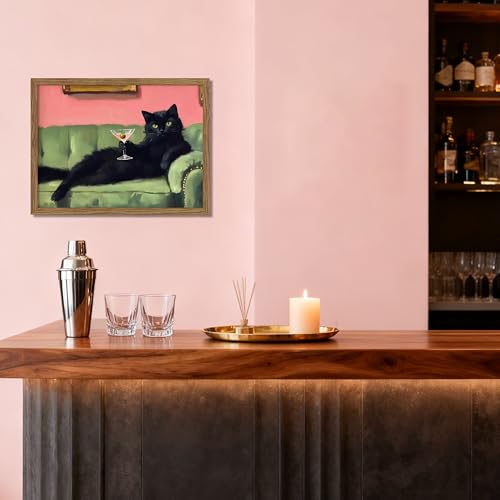 Framed Black Cat with Martini Wall Art Print, Whimsical Cute Cat Decor Paintings, Cocktail Art Bar Cart Decor, Funny Anima...
