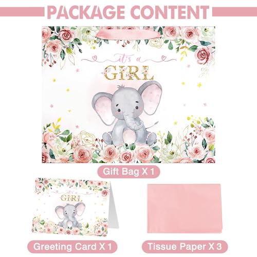 Laidans 13" Large Baby Shower Birthday Gift Bag for Girl with Tissue Papers and Card Pink Floral Elephant Design with Hand...