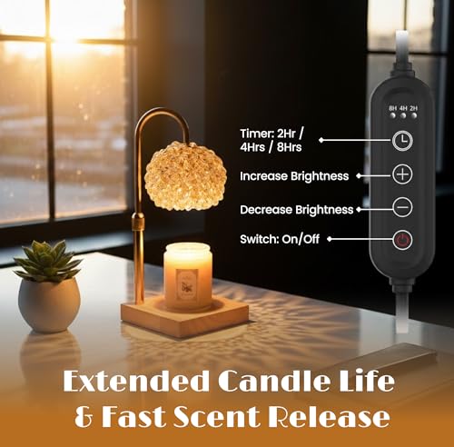 Glass Candle Warmer Lamp with Timer - Adjustable Height Candle Lamp Warmer with Crystal Shade, Timer (8H/4H/2H) - Wax Melt...