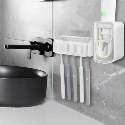 5 Slots Wall Mount Toothbrush Holder with Cover, Self Adhesive Toothbrush Storage Organizer for Shower, Toothbrush Hanger ...
