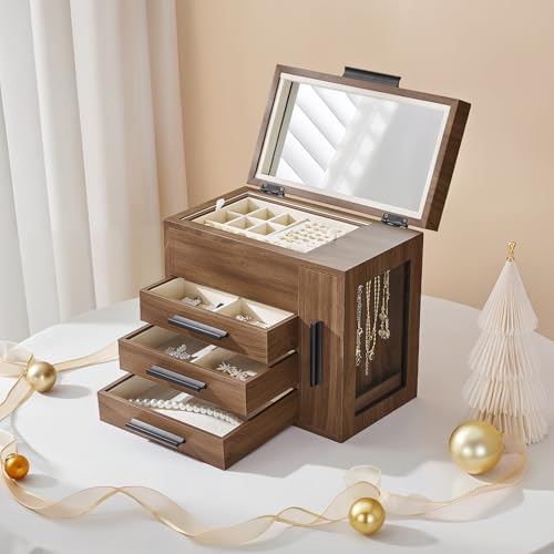 HOOBRO Jewelry Box with Mirror, Wooden Jewelry Organizer Box with Side Clear Acrylic Panel, Large Jewelry Case for Earring...