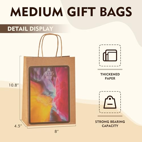 YEEHAW Brown Paper Bags with Handles Bulk 8"x4.5"x10.8" 100Pcs Gift Kraft Bags Medium Size, Brown Craft with Handles, Gift...