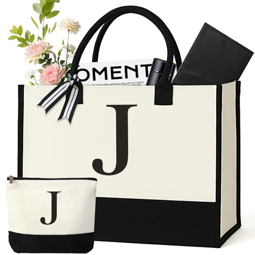 GENGBIN Personalized Canvas Tote Bag for Women Makeup Pouch Initial Beach Bag Removable Bottom Board for Travel Birthday