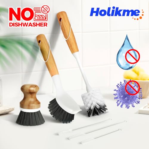 Holikme 6 Pack Dish Brush Scouring Pad Set with Bottle Brush, Dish Brush, Palm Scrub Brush and Straw Brush, Dish Scrubber ...