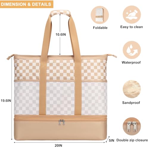 Octsky Beach Bags with Cooler Women Beach Tote Bag Waterproof Sandproof Zipper Large Pool Bag 9 Pockets