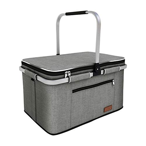 LIQING 35L Large Picnic Basket 2 Layers of Internal Pockets Leak-Proof and Insulated ，Folding with Internal Support for en...