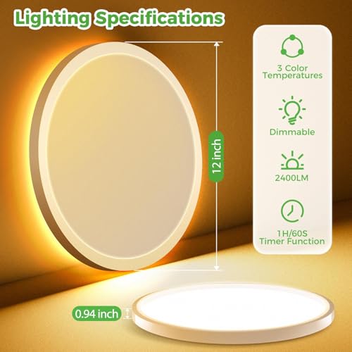 zemty 12 Inch LED Ceiling Light with Night Light 1800K, 3000K/4000K/6500K Dimmable Light Fixtures with Remote Control,24W ...
