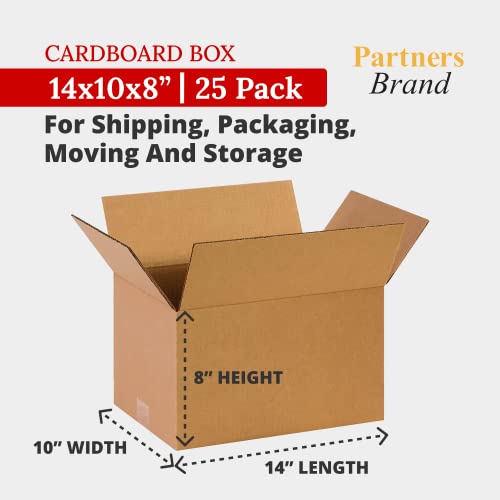 Partners Brand 14x10x8 Corrugated Cardboard Boxes, 14"L x 10"W x 8"H, Pack of 25 | Shipping, Packaging, Moving, Storage Bo...