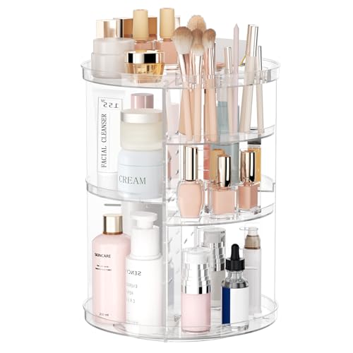 Rotating Makeup Organizer, DIY 8 Adjustable Layers Spinning Skincare Organizer, Cosmetic Display Case with Brush Holder Pe...