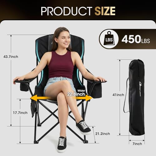 MOON LENCE Heavy Duty Camping Chair, 450LBS Capacity Folding Chair with Cup Holder & Cooler Bag, Portable Outdoor Chair fo...